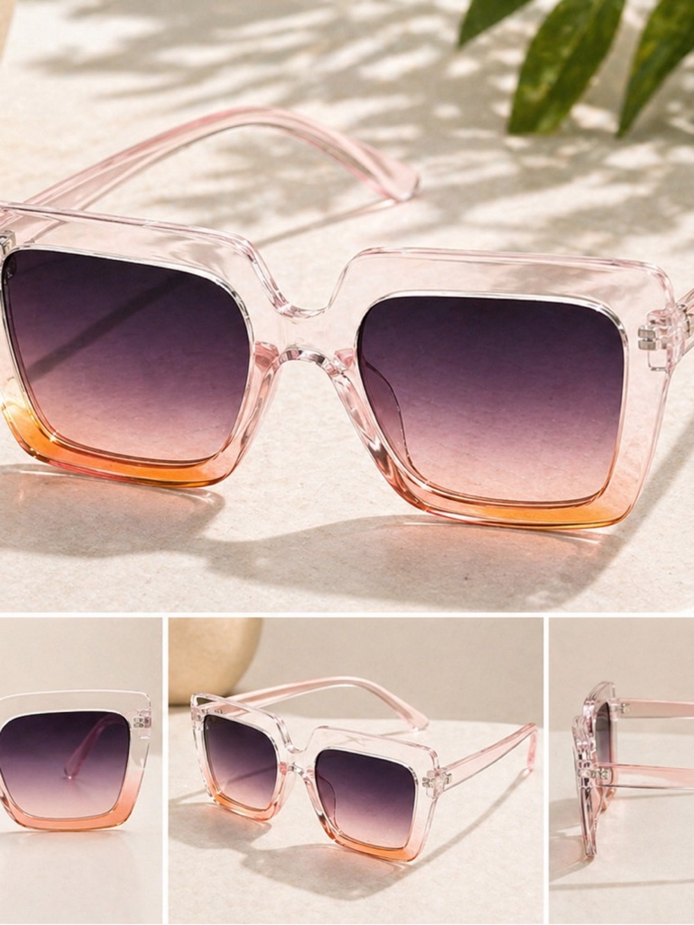 Transparent Pink to Orange Gradient Square Sunglasses - Women